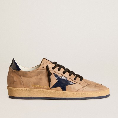 Golden Goose Ball Star Sneakers In Beige Leather With Blue Patent Leather Star And Heel Tab GMF00117.F006052.15421