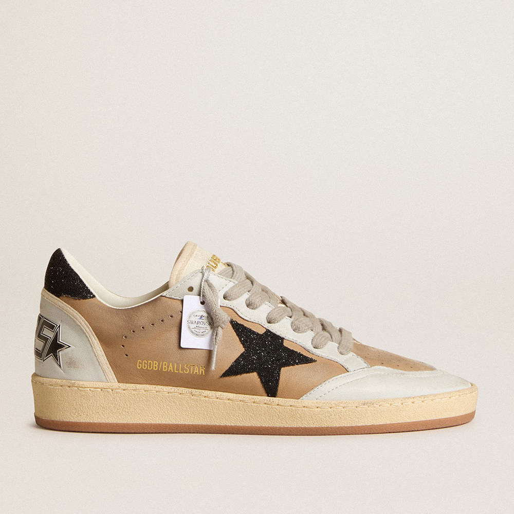 Golden Goose Ball Star Sneakers In Beige Nubuck And Nappa With Black Swarovski Crystal Star GWF00117.F005953.15601