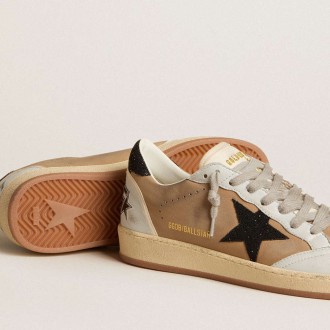 Golden Goose Ball Star Sneakers In Beige Nubuck And Nappa With Black Swarovski Crystal Star GWF00117.F005953.15601