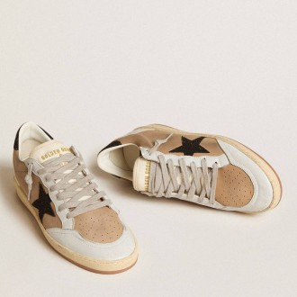 Golden Goose Ball Star Sneakers In Beige Nubuck And Nappa With Black Swarovski Crystal Star GWF00117.F005953.15601