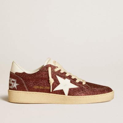 Golden Goose Ball Star Sneakers In Burgundy Glitter With White Leather Star And Heel Tab GWF00117.F006527.40510