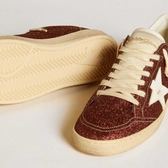 Golden Goose Ball Star Sneakers In Burgundy Glitter With White Leather Star And Heel Tab GWF00117.F006527.40510