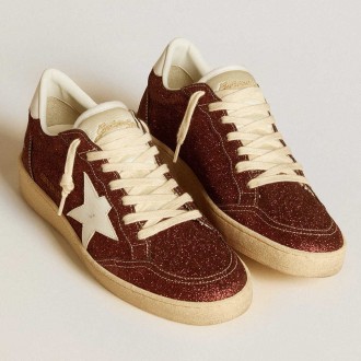 Golden Goose Ball Star Sneakers In Burgundy Glitter With White Leather Star And Heel Tab GWF00117.F006527.40510