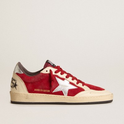 Golden Goose Ball Star Sneakers In Burgundy Suede With Silver Leather Star And Heel Tab GWF00117.F005955.40478