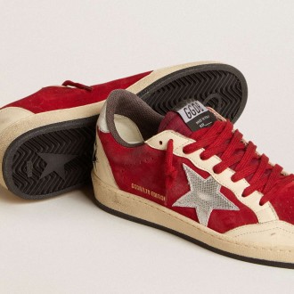 Golden Goose Ball Star Sneakers In Burgundy Suede With Silver Leather Star And Heel Tab GWF00117.F005955.40478