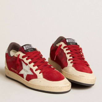 Golden Goose Ball Star Sneakers In Burgundy Suede With Silver Leather Star And Heel Tab GWF00117.F005955.40478