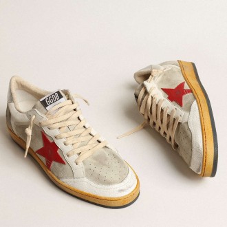 Golden Goose Ball Star Sneakers In Gray Suede With Red Star And Silver Heel Tab GMF00327.F004032.60401