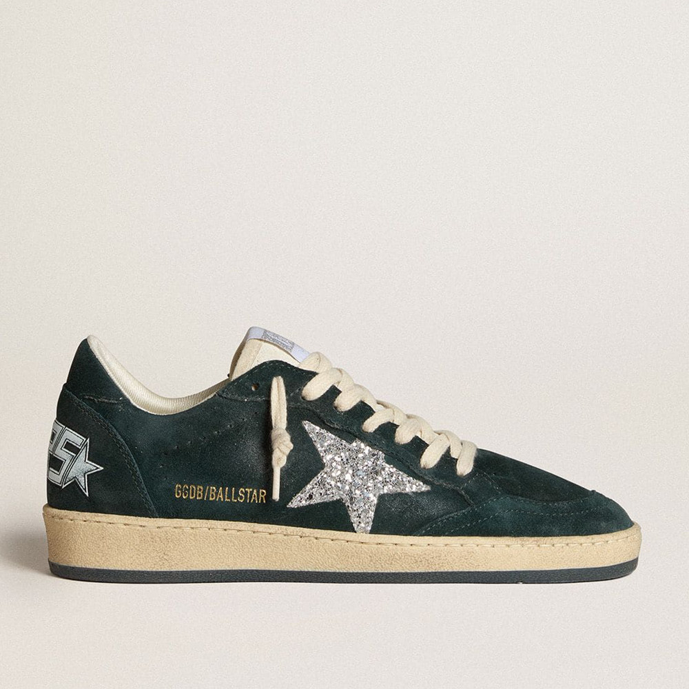 Golden Goose Ball Star Sneakers In Green Suede With Silver Glitter Star GWF00117.F006680.35907