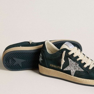 Golden Goose Ball Star Sneakers In Green Suede With Silver Glitter Star GWF00117.F006680.35907