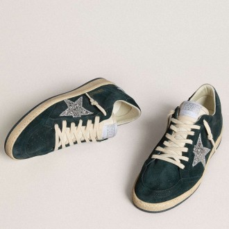 Golden Goose Ball Star Sneakers In Green Suede With Silver Glitter Star GWF00117.F006680.35907