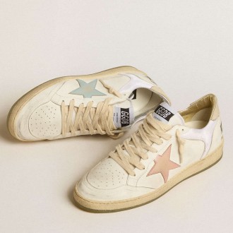 Golden Goose Ball Star Sneakers In Nylon And Leather With Pink And Light Blue Star And Beige Heel Tab GWF00327.F005230.10548