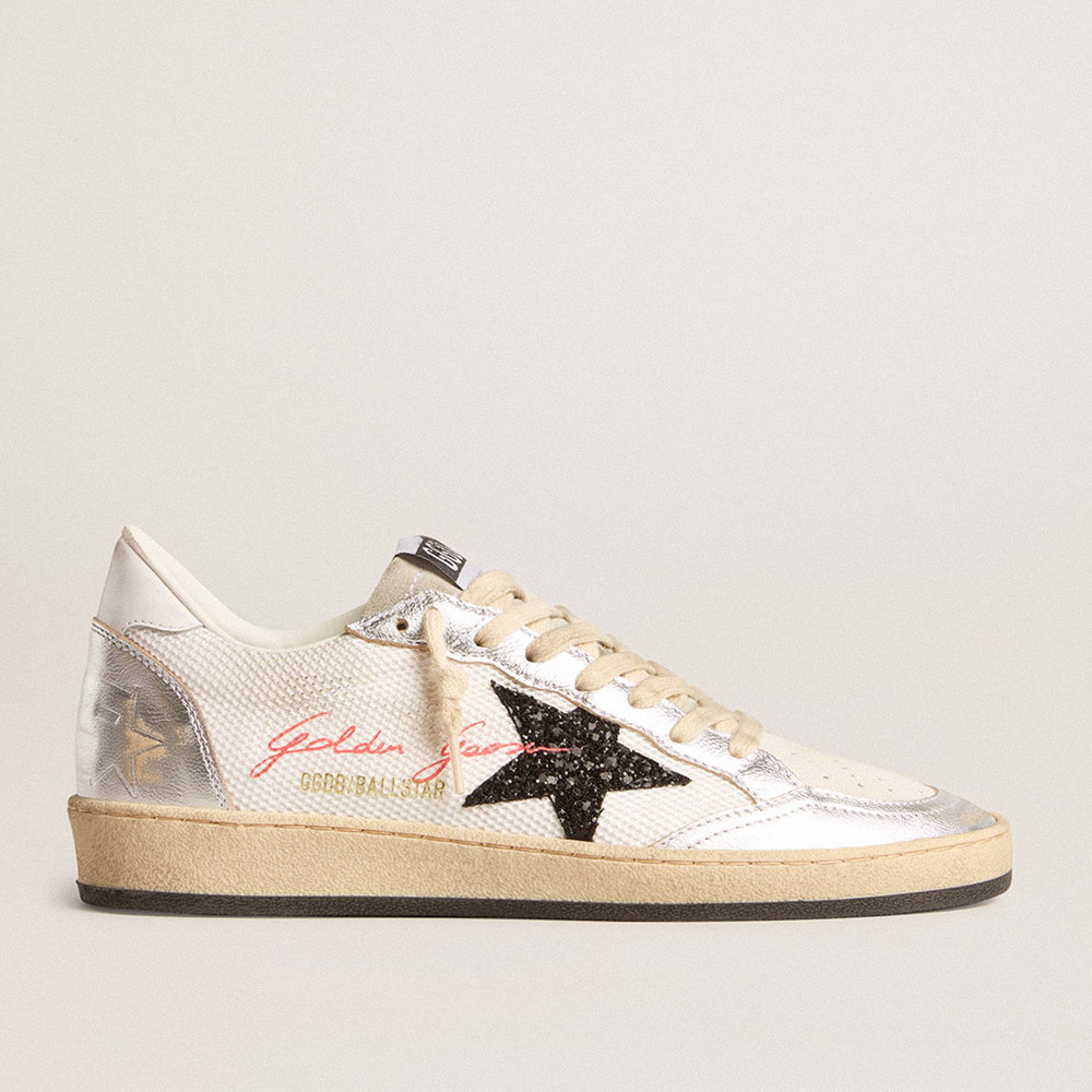 Golden Goose Ball Star Sneakers In White Mesh With Black Glitter Star And Silver Inserts GWF00117.F005963.11875