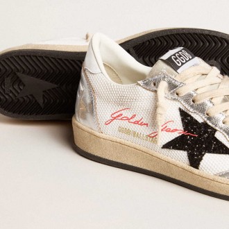 Golden Goose Ball Star Sneakers In White Mesh With Black Glitter Star And Silver Inserts GWF00117.F005963.11875