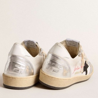 Golden Goose Ball Star Sneakers In White Mesh With Black Glitter Star And Silver Inserts GWF00117.F005963.11875