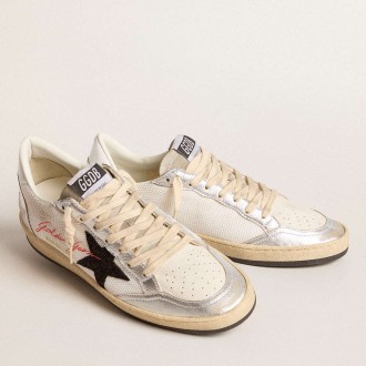 Golden Goose Ball Star Sneakers In White Mesh With Black Glitter Star And Silver Inserts GWF00117.F005963.11875