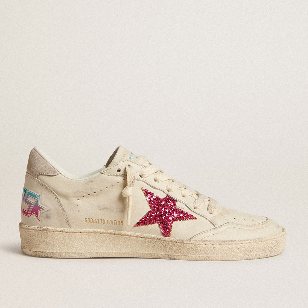 Golden Goose Ball Star Sneakers LTD With Fuchsia Glitter Star And Light Gray Suede Heel Tab GWF00117.F006344.11870