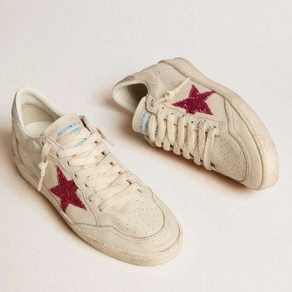 Golden Goose Ball Star Sneakers LTD With Fuchsia Glitter Star And Light Gray Suede Heel Tab GWF00117.F006344.11870