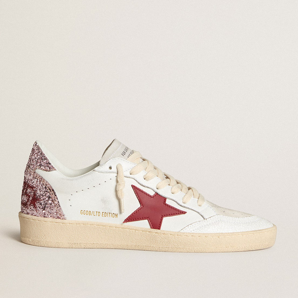 Golden Goose Ball Star Sneakers LTD With Red Leather Star And Pink Glitter Heel Tab GWF00117.F006688.80930