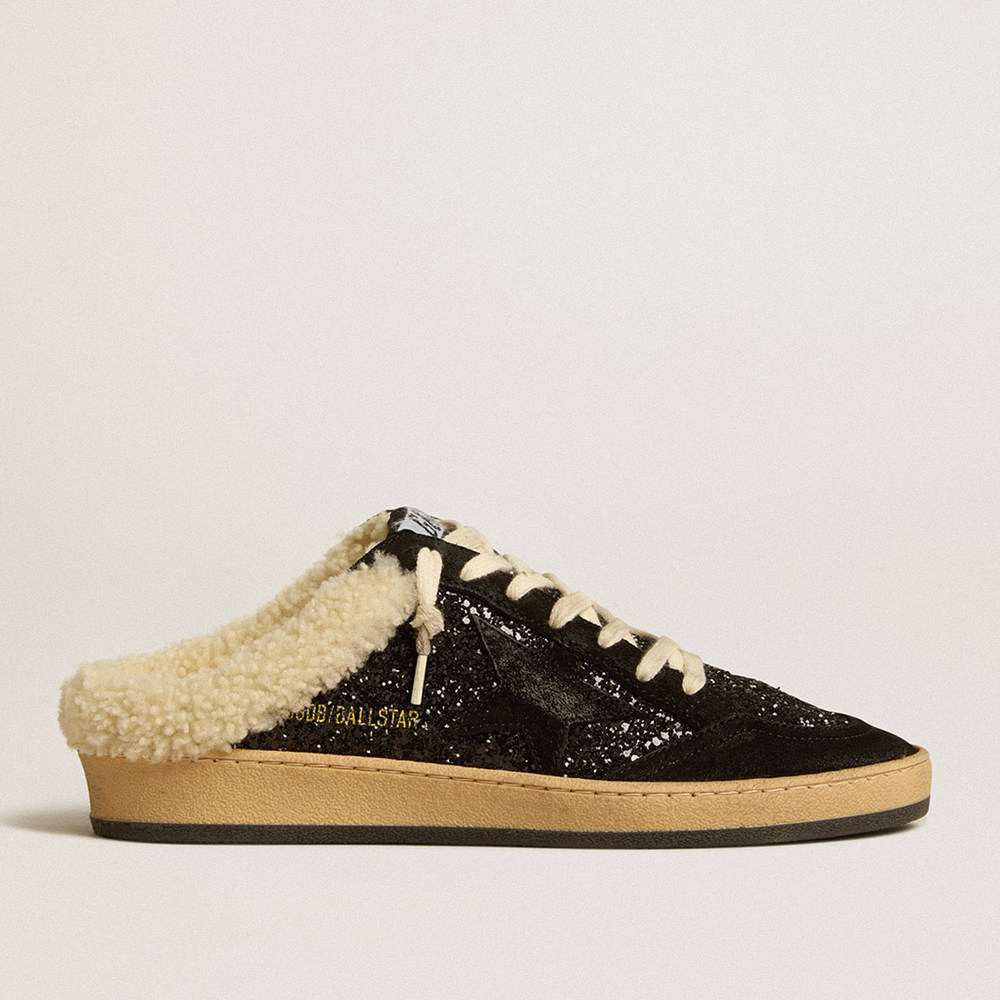 Golden Goose Ball Star Sneakers Sabots In Black Glitter With Black Star And Shearling Lining GWF00436.F005150.90194