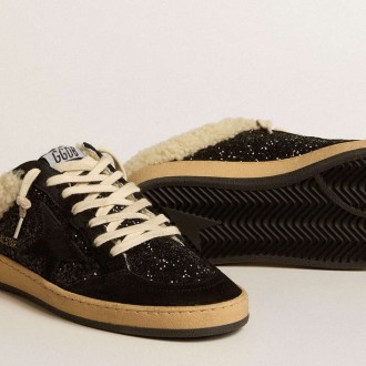 Golden Goose Ball Star Sneakers Sabots In Black Glitter With Black Star And Shearling Lining GWF00436.F005150.90194