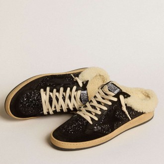 Golden Goose Ball Star Sneakers Sabots In Black Glitter With Black Star And Shearling Lining GWF00436.F005150.90194