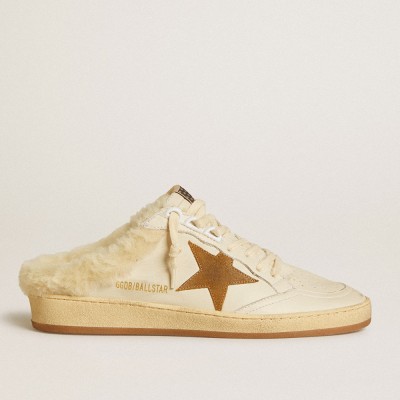 Golden Goose Ball Star Sneakers Sabots In Leather With Suede Star And Beige Shearling Lining GWF00436.F006653.10566