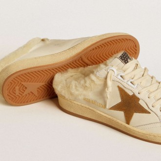 Golden Goose Ball Star Sneakers Sabots In Leather With Suede Star And Beige Shearling Lining GWF00436.F006653.10566