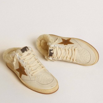 Golden Goose Ball Star Sneakers Sabots In Leather With Suede Star And Beige Shearling Lining GWF00436.F006653.10566