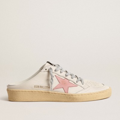 Golden Goose Ball Star Sneakers Sabots In White Nappa With An Old-rose Leather Star GWF00436.F004626.11202