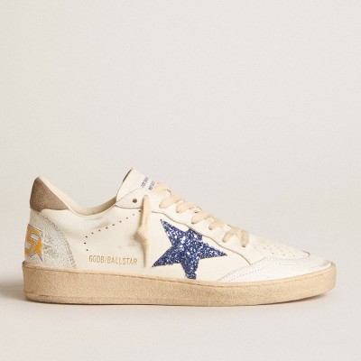 Golden Goose Ball Star Sneakers With Blue Glitter Star And Dove-gray Suede Heel Tab GWF00117.F005936.11871