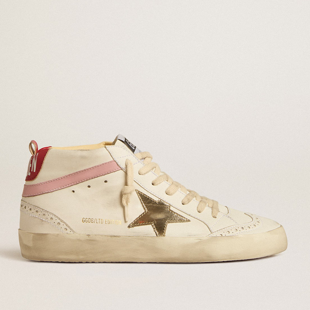 Golden Goose Bio-based Mid Star Sneakers LTD With Gold Leather Star And Pink Flash GWF00122.F005214.11669