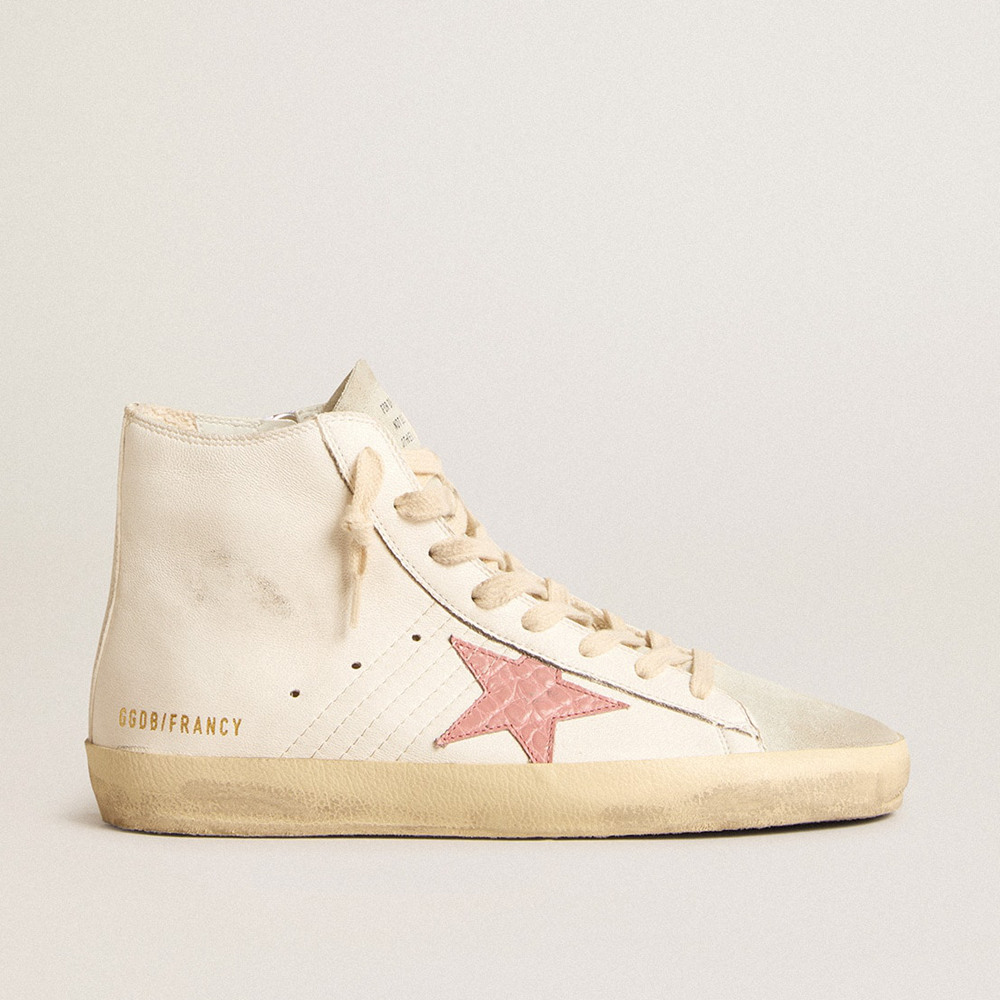 Golden Goose Francy Sneakers In Cream Nappa With Pink Crocodile-print Leather Star GWF00113.F005895.82660