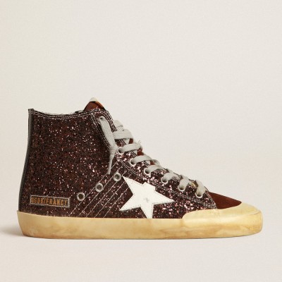 Golden Goose Francy Sneakers Penstar In Brown Glitter With White Leather Star GWF00114.F004048.55520