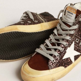 Golden Goose Francy Sneakers Penstar In Brown Glitter With White Leather Star GWF00114.F004048.55520