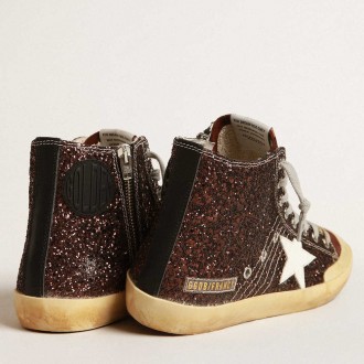 Golden Goose Francy Sneakers Penstar In Brown Glitter With White Leather Star GWF00114.F004048.55520