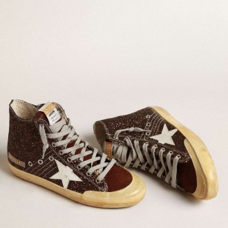 Golden Goose Francy Sneakers Penstar In Brown Glitter With White Leather Star GWF00114.F004048.55520