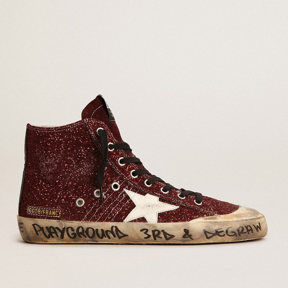 Golden Goose Francy Sneakers Penstar In Burgundy Glitter With White Leather Star GWF00114.F003126.40420