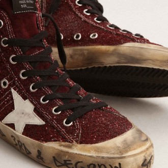 Golden Goose Francy Sneakers Penstar In Burgundy Glitter With White Leather Star GWF00114.F003126.40420