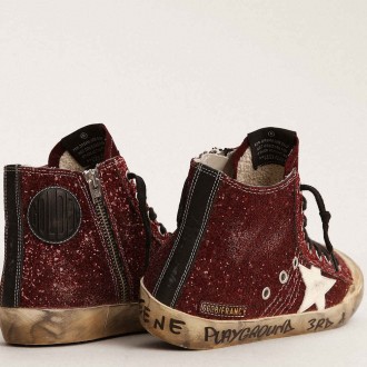 Golden Goose Francy Sneakers Penstar In Burgundy Glitter With White Leather Star GWF00114.F003126.40420