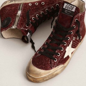 Golden Goose Francy Sneakers Penstar In Burgundy Glitter With White Leather Star GWF00114.F003126.40420