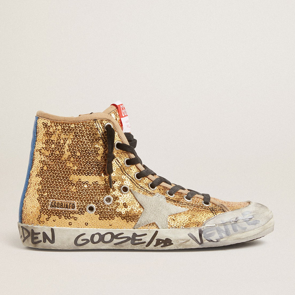 Golden Goose Francy Sneakers Penstar In Gold Glitter With Suede Star And Bright Blue Heel Tab GWF00114.F002746.65156