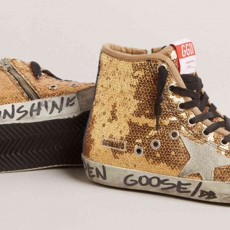 Golden Goose Francy Sneakers Penstar In Gold Glitter With Suede Star And Bright Blue Heel Tab GWF00114.F002746.65156