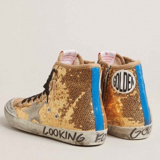 Golden Goose Francy Sneakers Penstar In Gold Glitter With Suede Star And Bright Blue Heel Tab GWF00114.F002746.65156