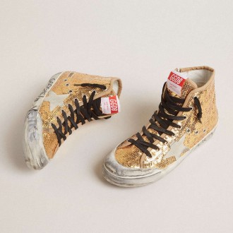 Golden Goose Francy Sneakers Penstar In Gold Glitter With Suede Star And Bright Blue Heel Tab GWF00114.F002746.65156