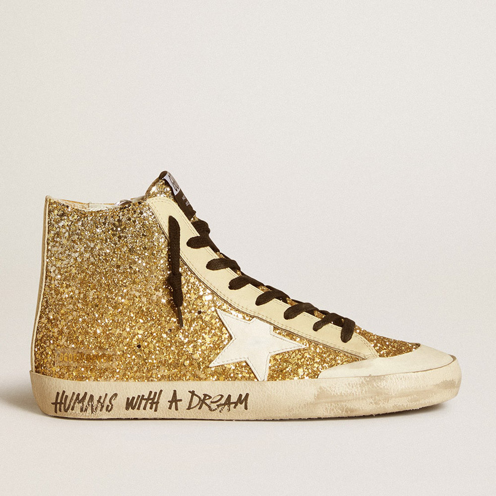 Golden Goose Francy Sneakers Penstar In Gold Glitter With White Leather Star GWF00114.F006597.65210