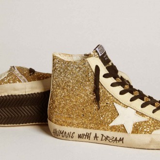 Golden Goose Francy Sneakers Penstar In Gold Glitter With White Leather Star GWF00114.F006597.65210