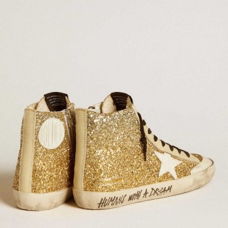 Golden Goose Francy Sneakers Penstar In Gold Glitter With White Leather Star GWF00114.F006597.65210