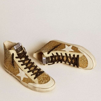 Golden Goose Francy Sneakers Penstar In Gold Glitter With White Leather Star GWF00114.F006597.65210