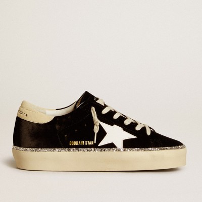 Golden Goose Hi Star Sneakers In Black Velvet With White Leather Star And Suede Heel Tab GWF00118.F006589.90474