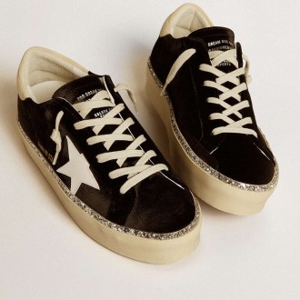 Golden Goose Hi Star Sneakers In Black Velvet With White Leather Star And Suede Heel Tab GWF00118.F006589.90474